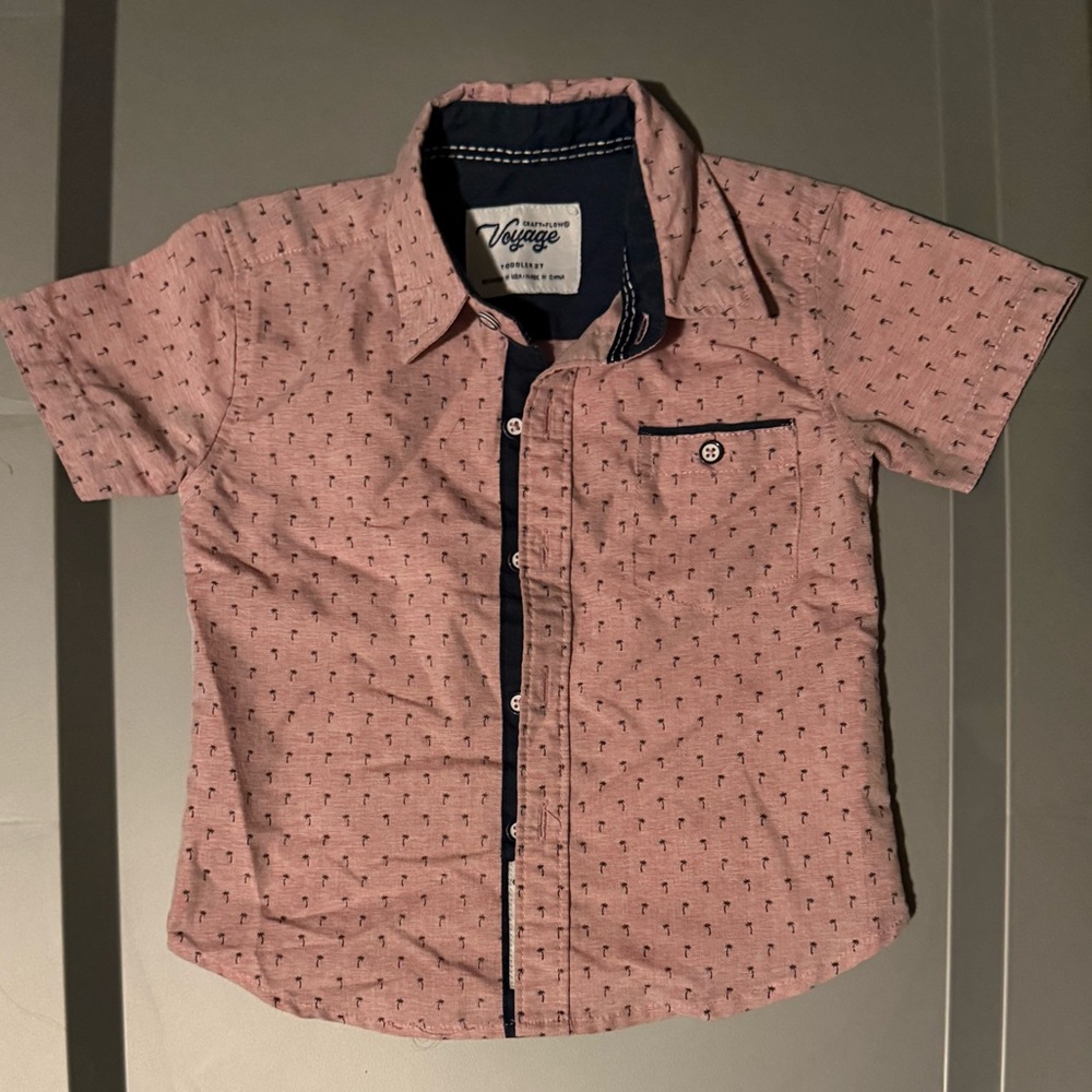 Boys Pink Short Sleeve Button-Up Shirt with Navy Palm Tree Accents